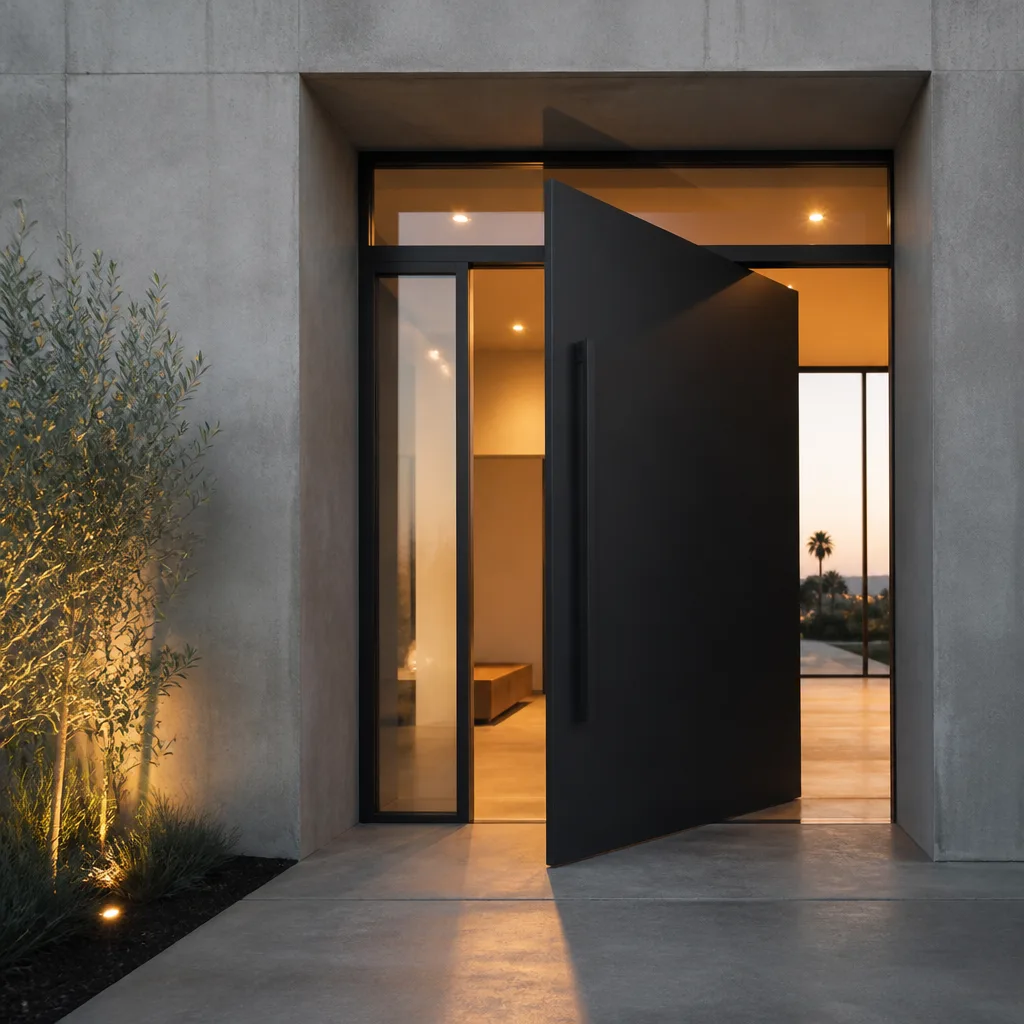 Modern black pivot entry door installation in a contemporary concrete home