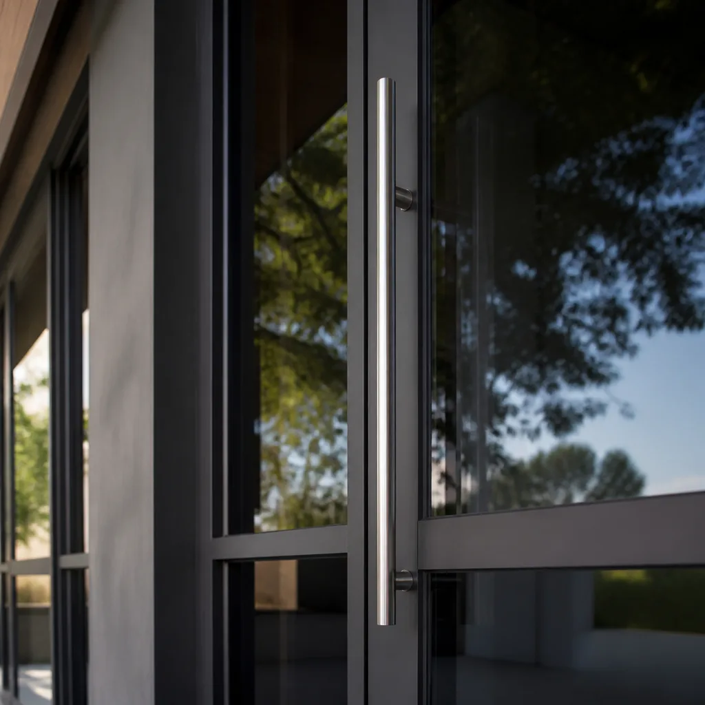 Close-up of a modern stainless steel door handle on glass door