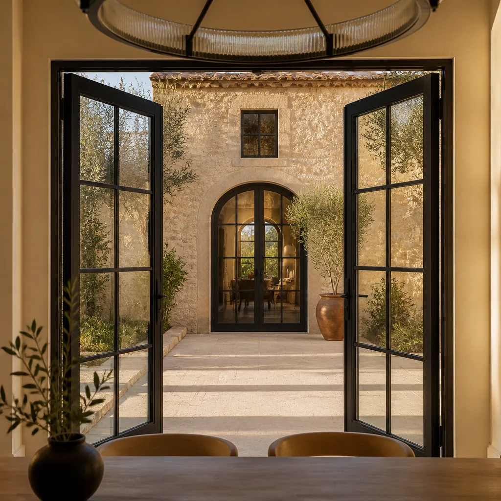 Custom black metal French door installation opening to a stone courtyard
