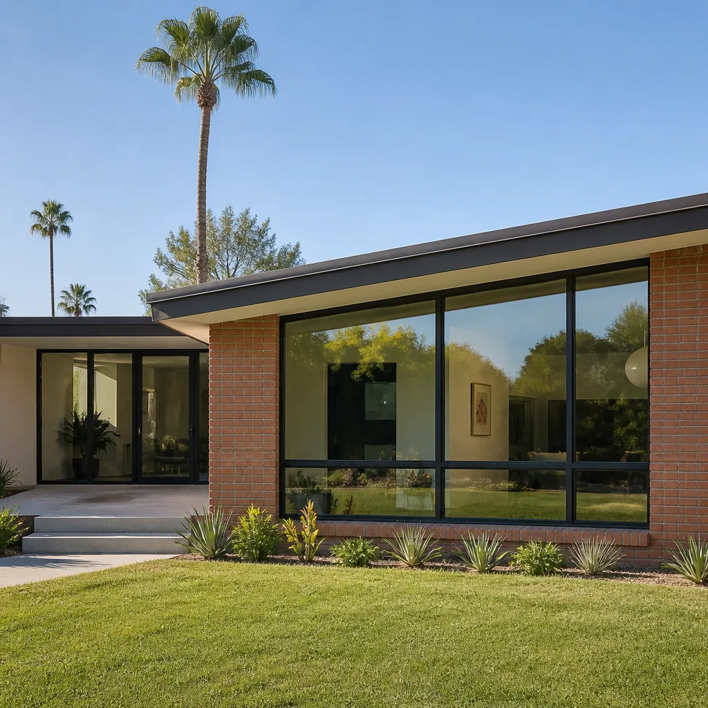 Modern home exterior with large energy-efficient replacement windows and glass doors
