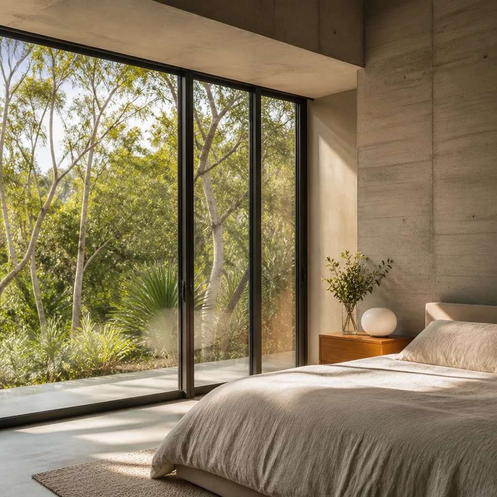 Modern floor-to-ceiling sliding glass bedroom doors overlooking a forest.