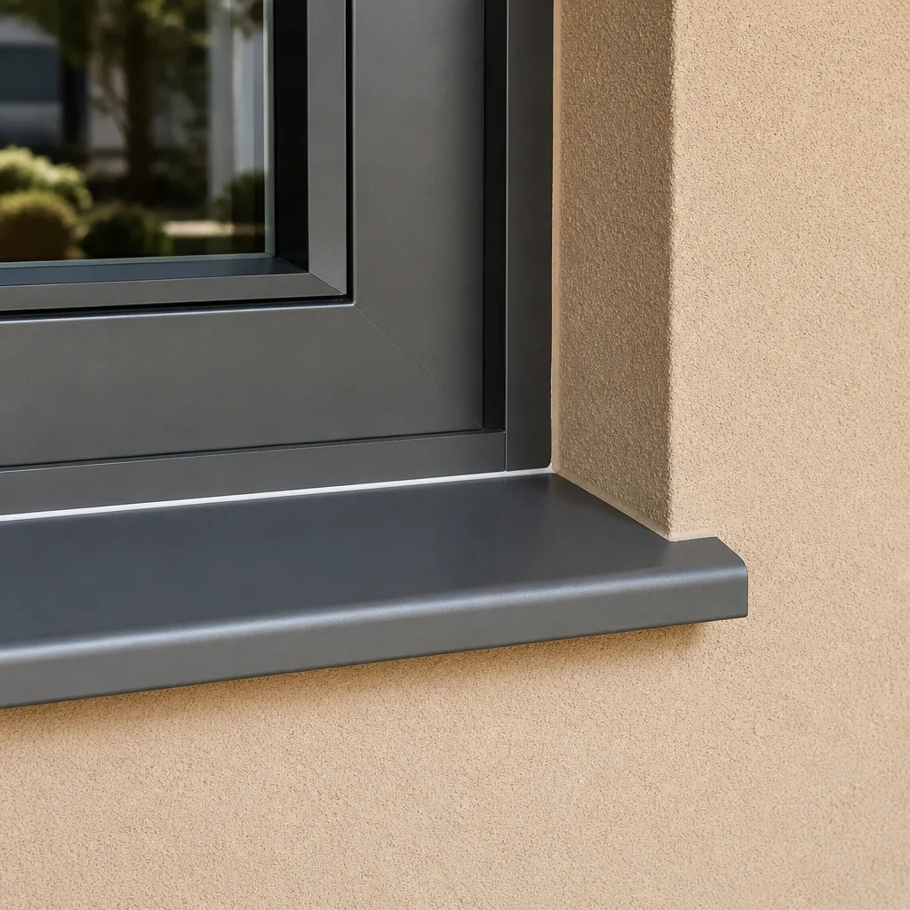Modern dark grey window frame installed in a beige exterior wall
